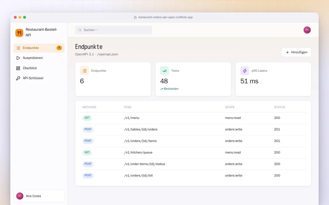 Restaurant-Bestell-API (Vapor): der Bildschirm „Endpunkte“
