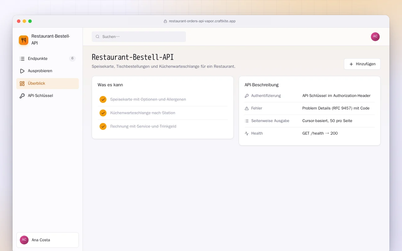 Restaurant-Bestell-API (Vapor): der Bildschirm „Restaurant-Bestell-API“