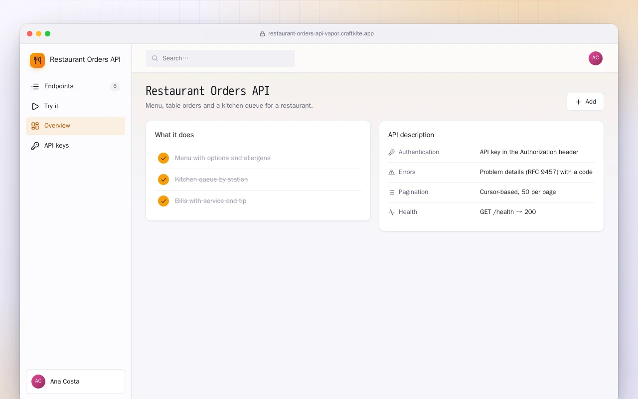Restaurant Orders API (Vapor): the Restaurant Orders API screen