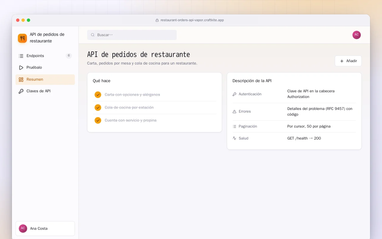 API de pedidos de restaurante (Vapor): la pantalla API de pedidos de restaurante