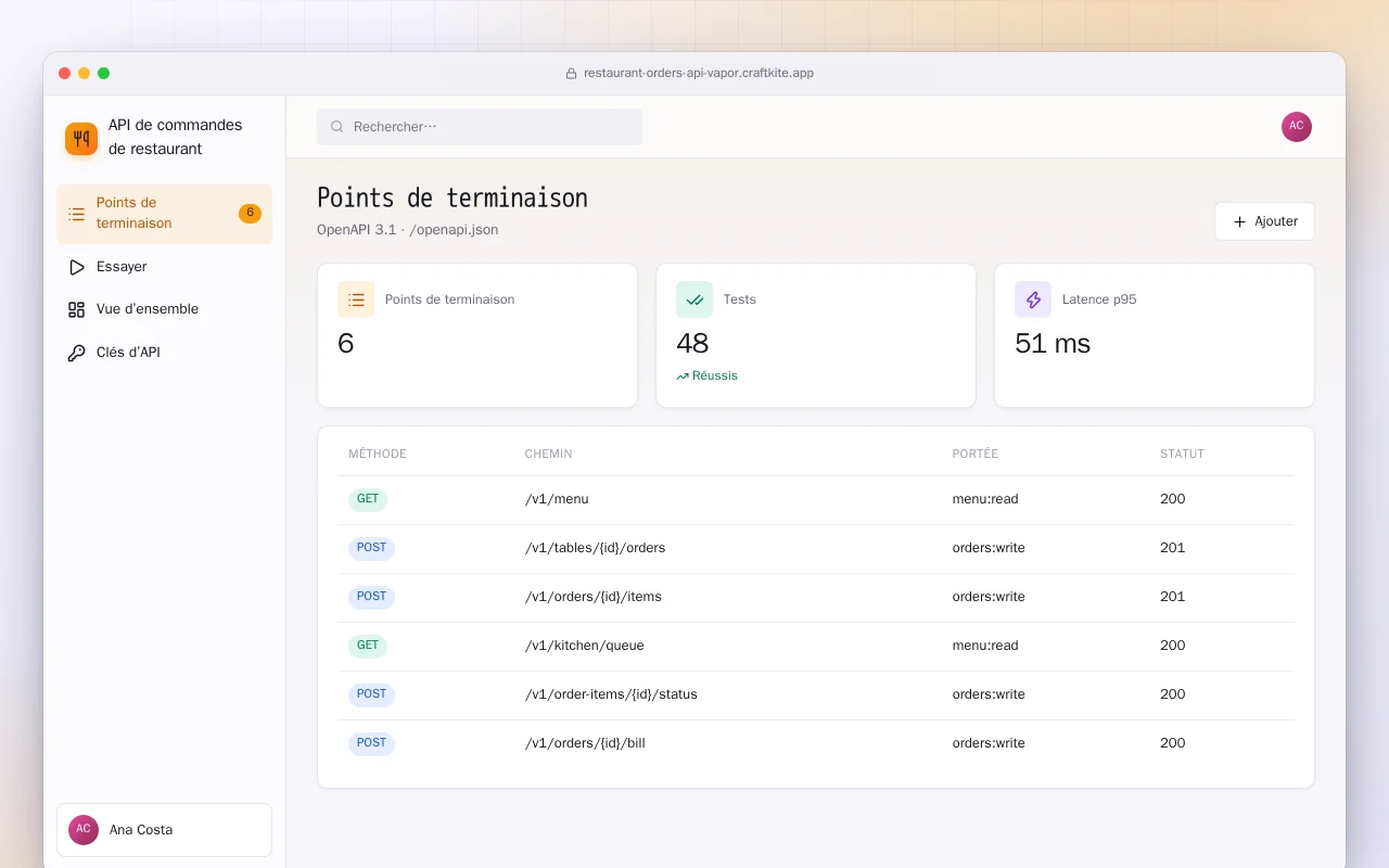 API de commandes de restaurant (Vapor) : l’écran Points de terminaison