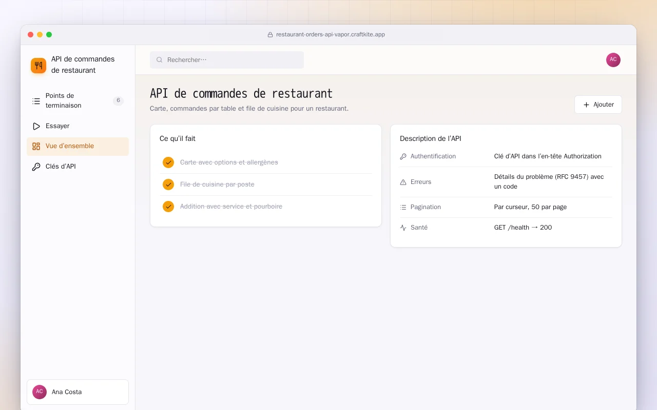 API de commandes de restaurant (Vapor) : l’écran API de commandes de restaurant