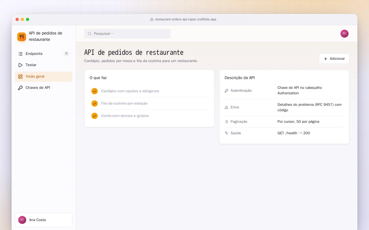 API de pedidos de restaurante (Vapor): a tela API de pedidos de restaurante