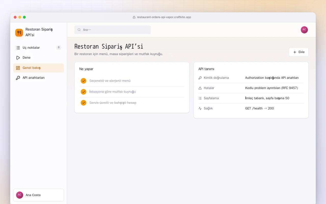 Restoran Sipariş API’si (Vapor): Restoran Sipariş API’si ekranı