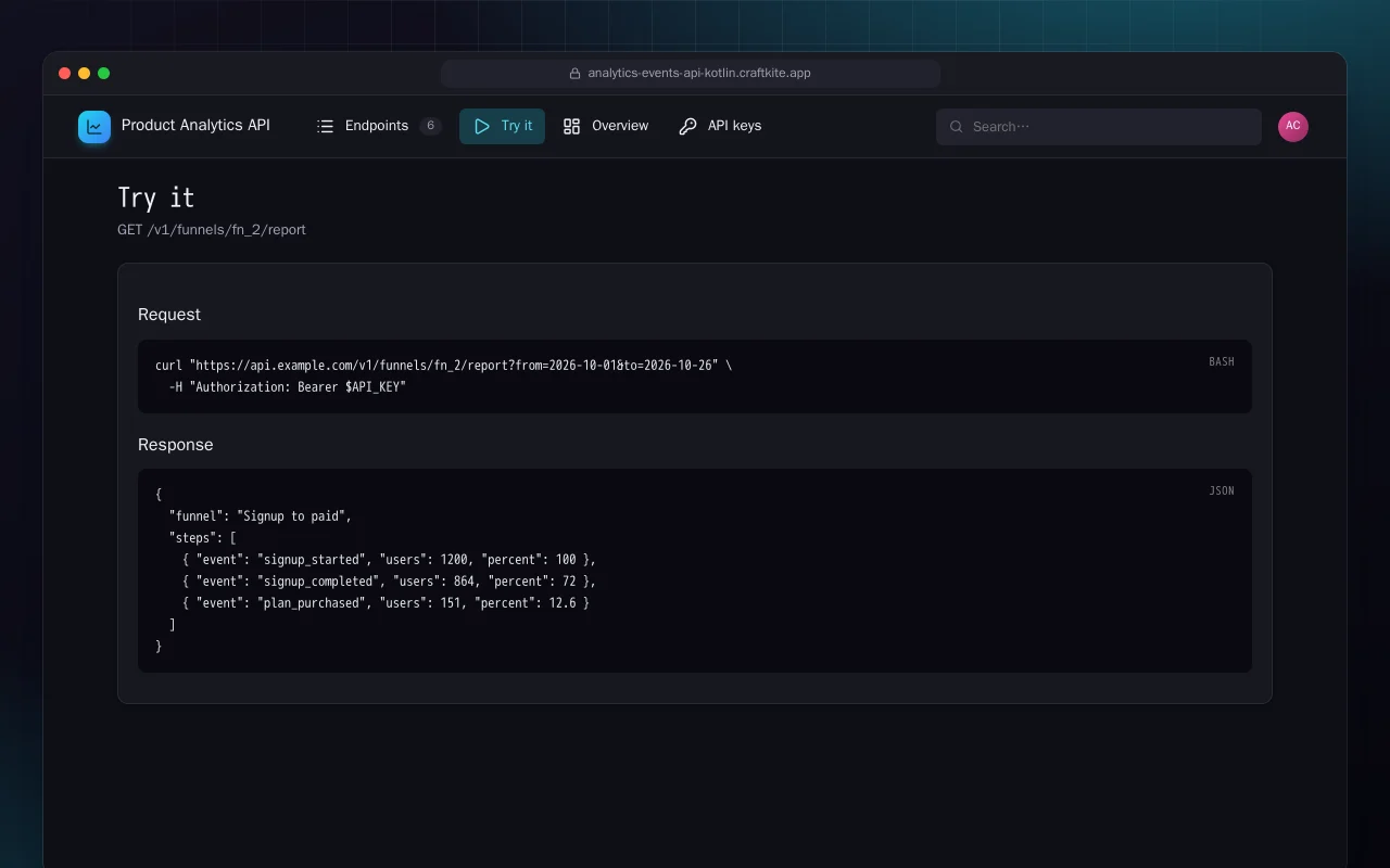 Product Analytics API (Kotlin + Spring Boot): the Try it screen