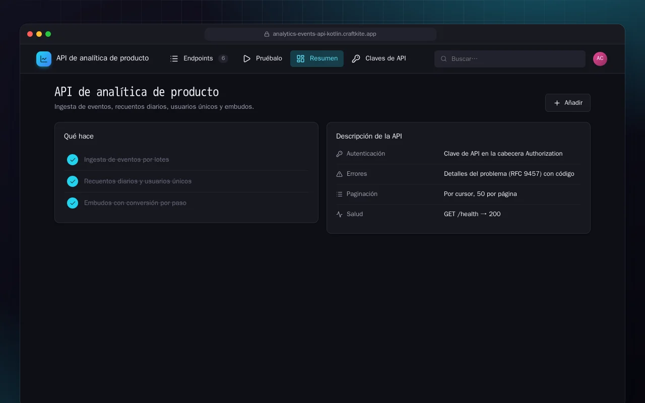 API de analítica de producto (Kotlin + Spring Boot): la pantalla API de analítica de producto