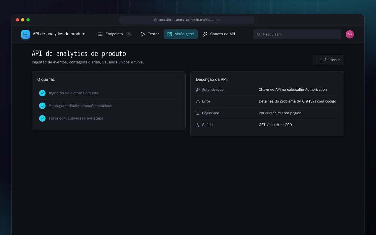 API de analytics de produto (Kotlin + Spring Boot): a tela API de analytics de produto