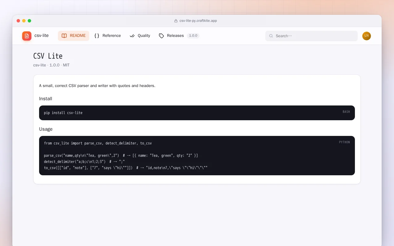 CSV Lite (Python): the CSV Lite screen