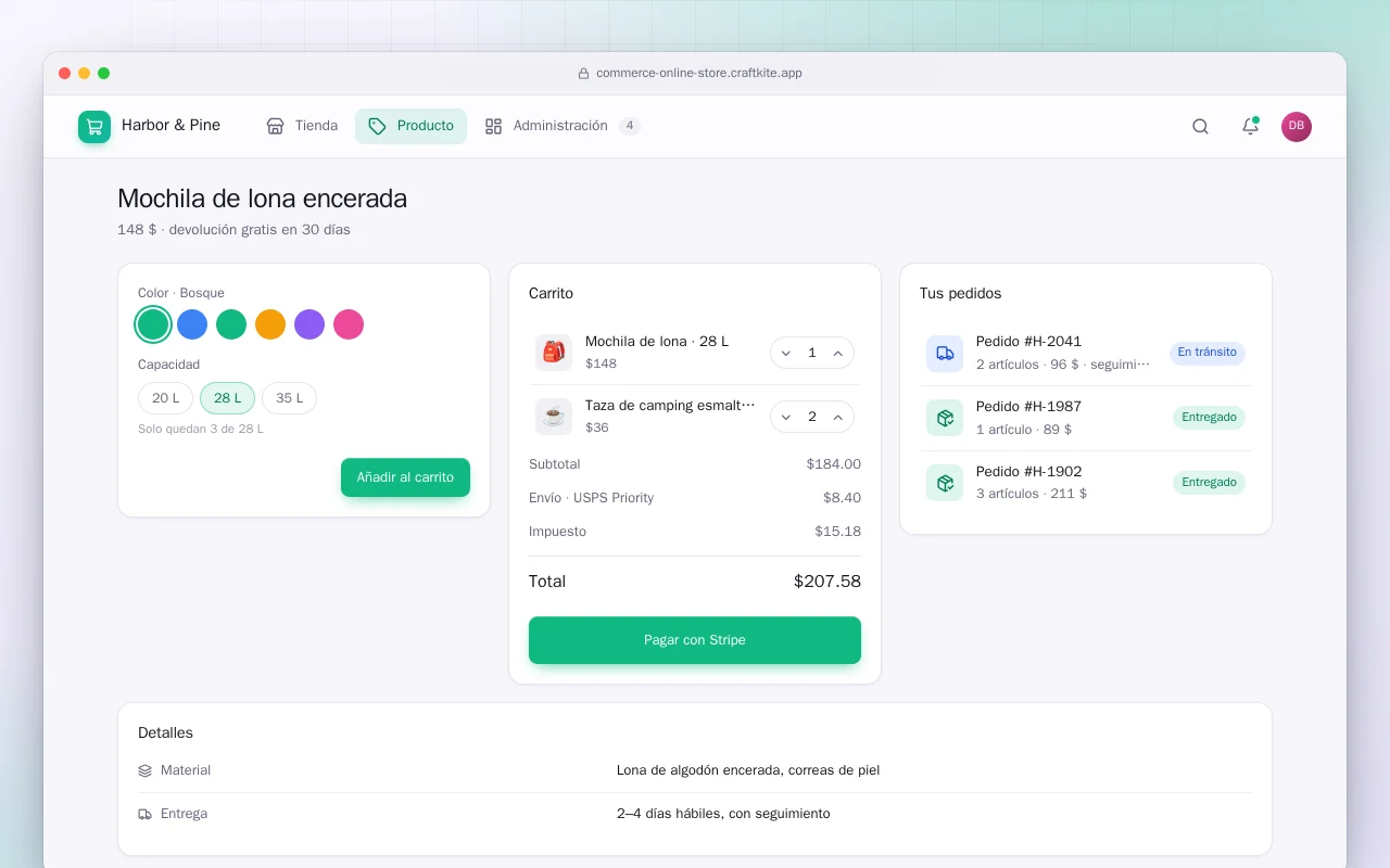 Tienda online con envíos: la pantalla Mochila de lona encerada