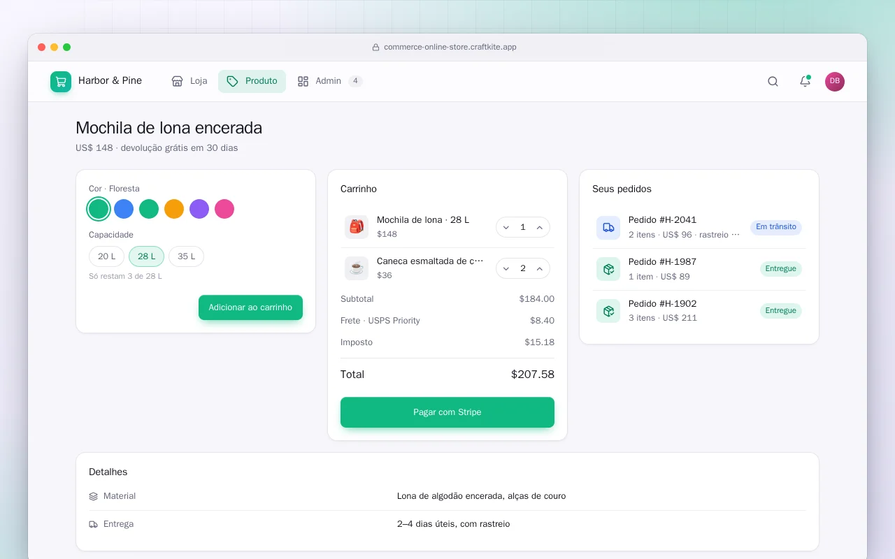 Loja online com frete: a tela Mochila de lona encerada