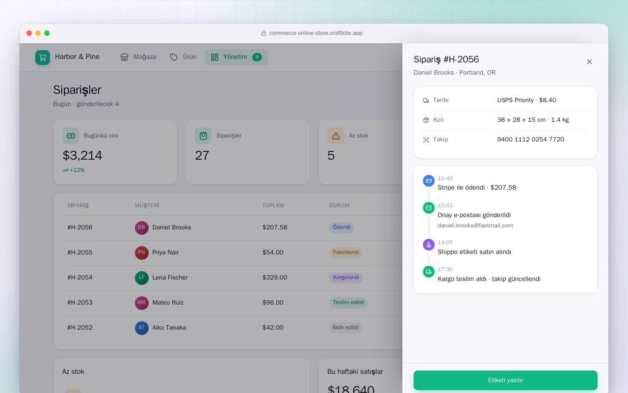Kargolu online mağaza: Siparişler ekranı