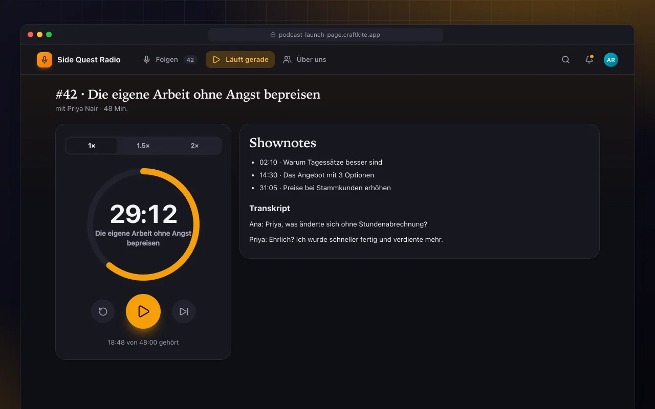 Podcast-Launch-Seite: der Bildschirm „#42 · Die eigene Arbeit ohne Angst bepreisen“