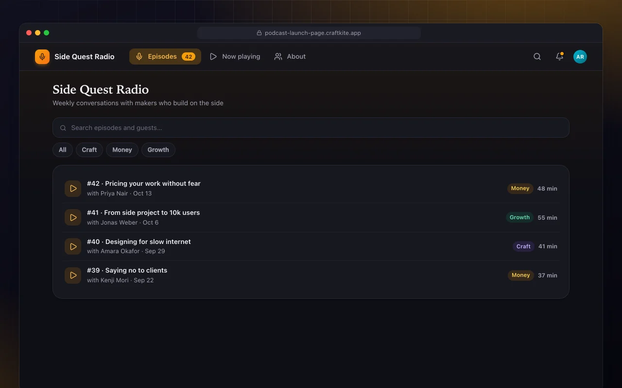 Podcast launch page: the Side Quest Radio screen