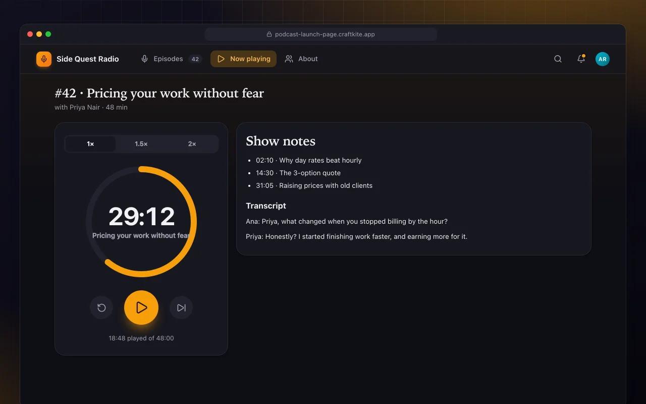 Podcast launch page: the #42 · Pricing your work without fear screen