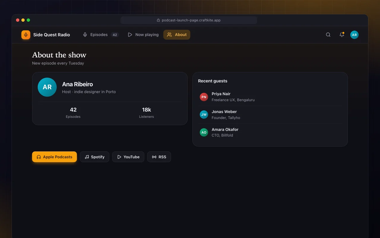 Podcast launch page: the About the show screen