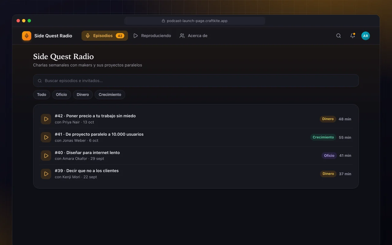 Página de lanzamiento de podcast: la pantalla Side Quest Radio