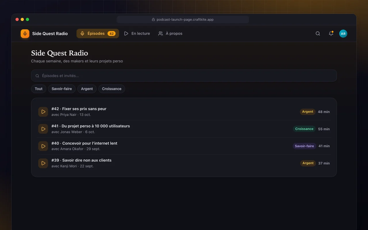 Page de lancement de podcast : l’écran Side Quest Radio