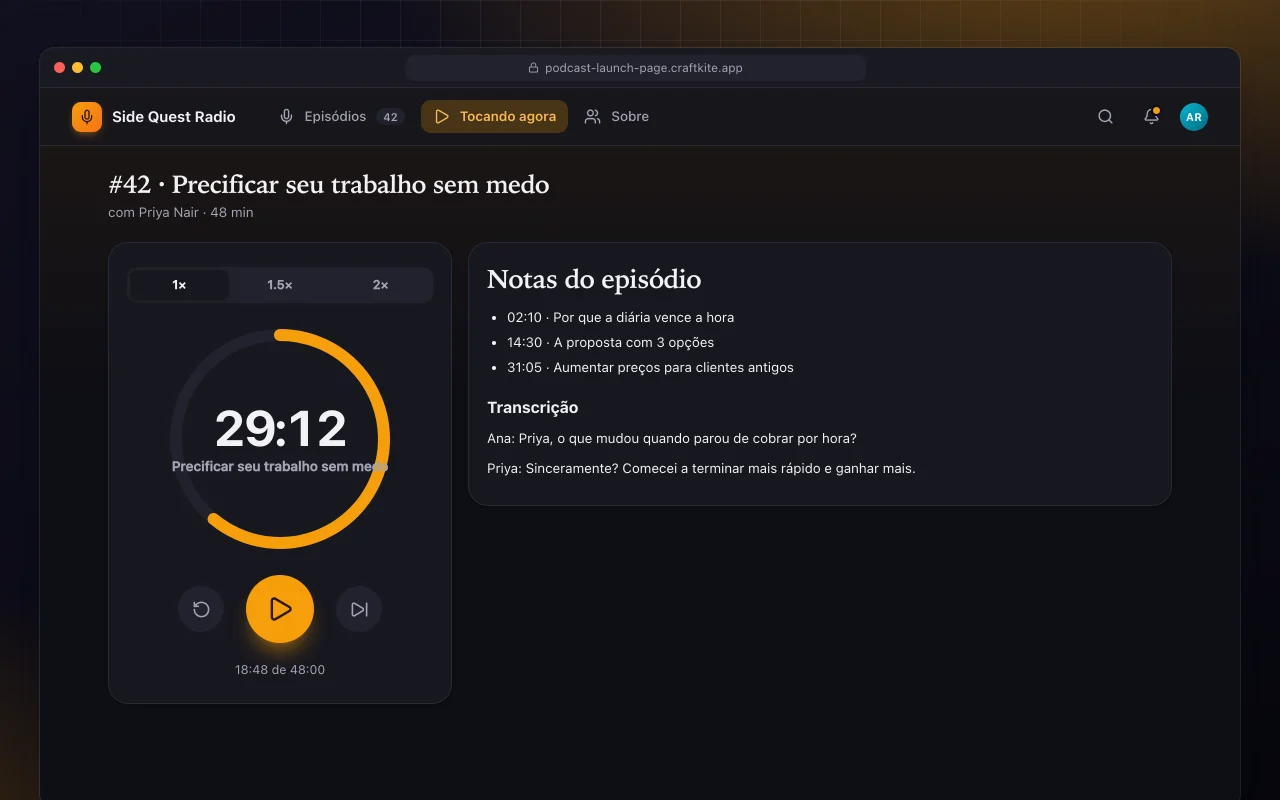 Página de lançamento de podcast: a tela #42 · Precificar seu trabalho sem medo
