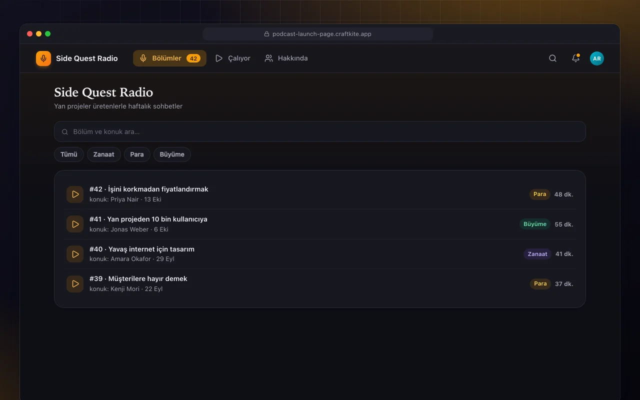 Podcast lansman sayfası: Side Quest Radio ekranı