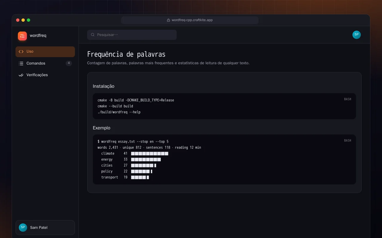 Frequência de palavras (C++): a tela Frequência de palavras