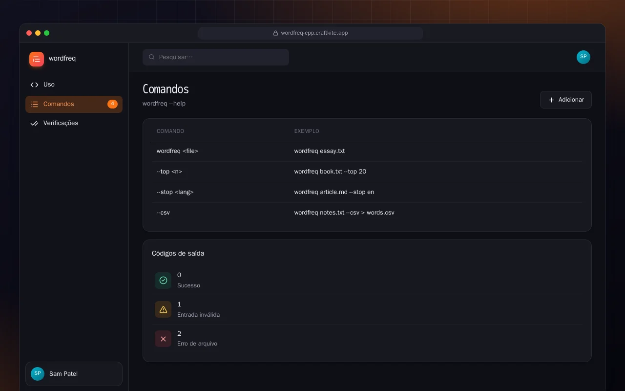 Frequência de palavras (C++): a tela Comandos