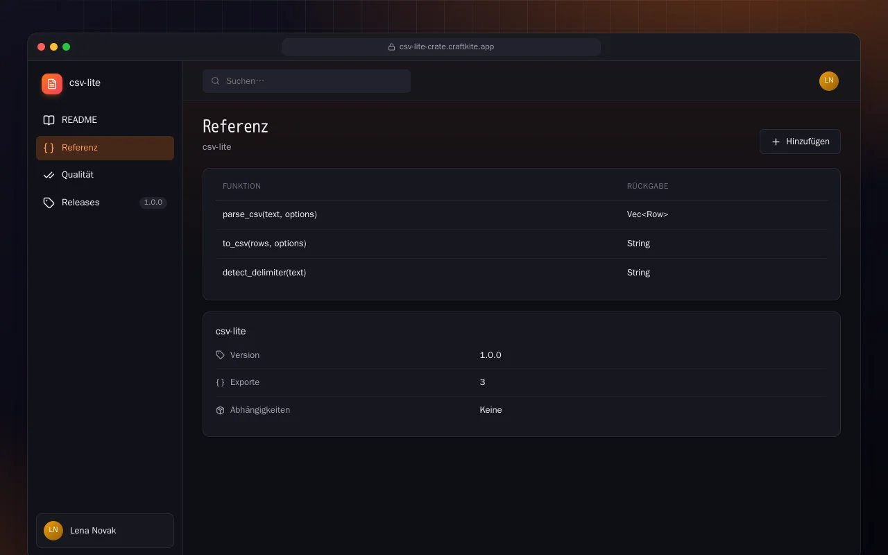 CSV Lite (Rust): der Bildschirm „Referenz“