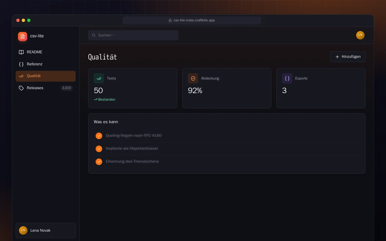 CSV Lite (Rust): der Bildschirm „Qualität“