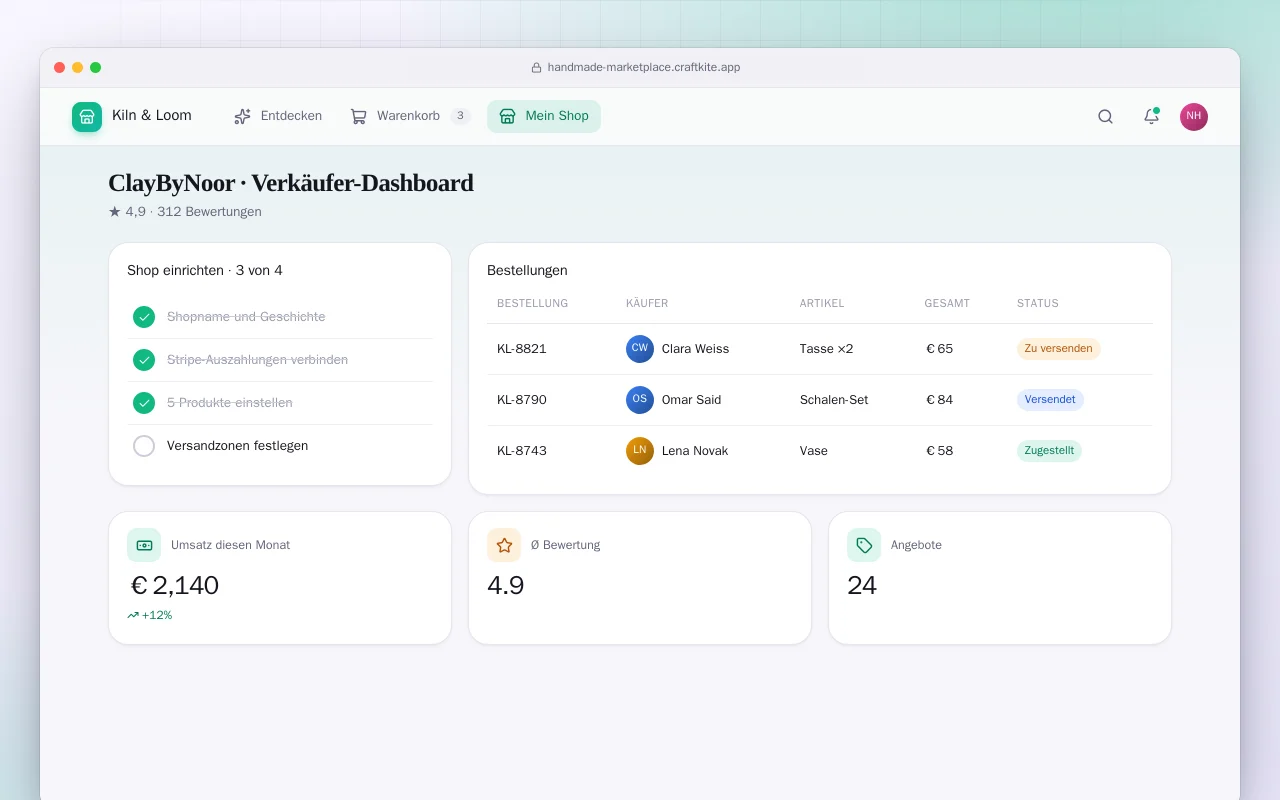 Marktplatz für Handgemachtes: der Bildschirm „ClayByNoor · Verkäufer-Dashboard“