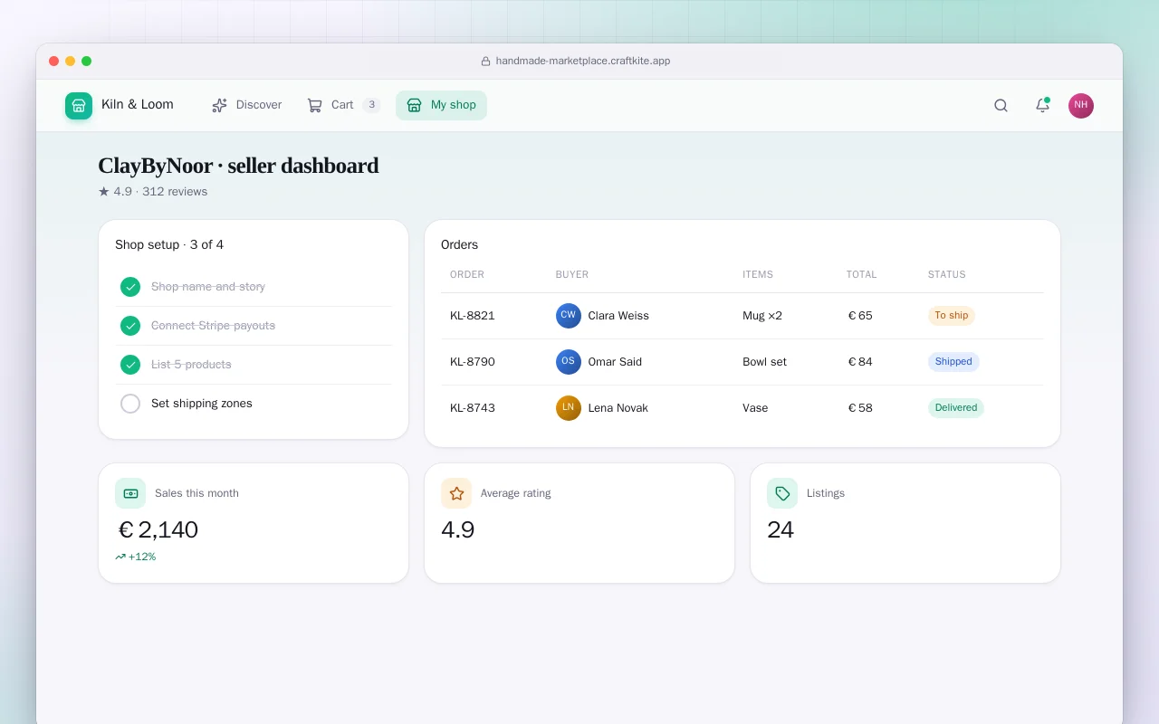 Handmade goods marketplace: the ClayByNoor · seller dashboard screen