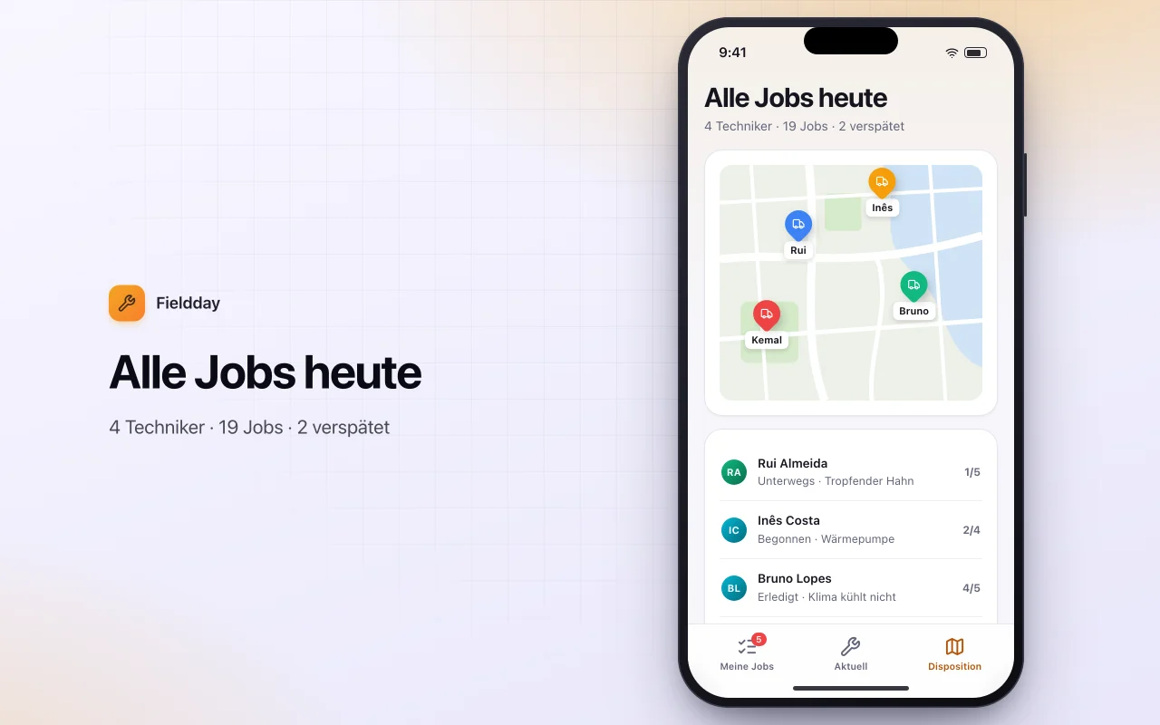 Außendienst-Einsatzplaner: der Bildschirm „Alle Jobs heute“