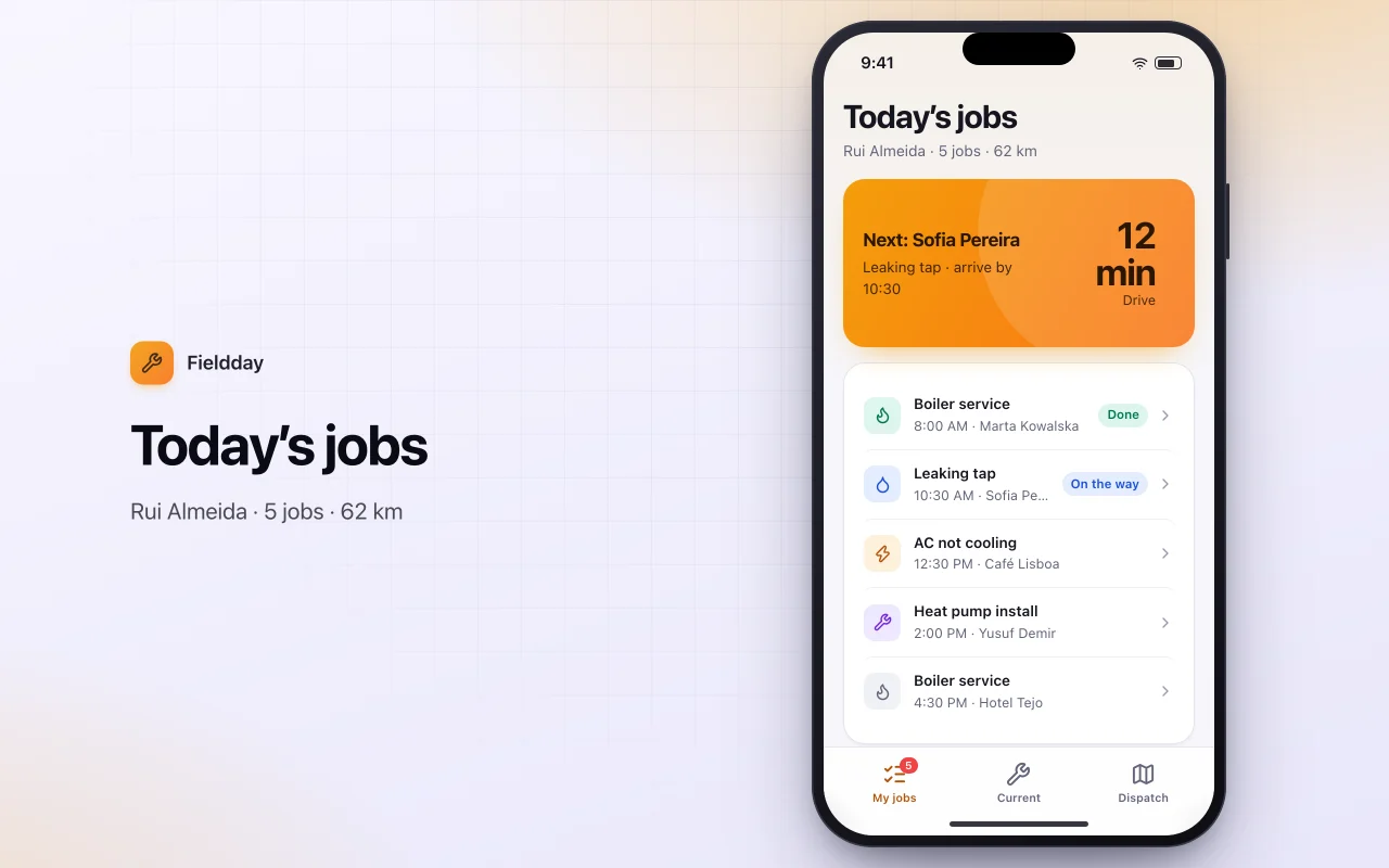 Field service scheduler: the Today’s jobs screen
