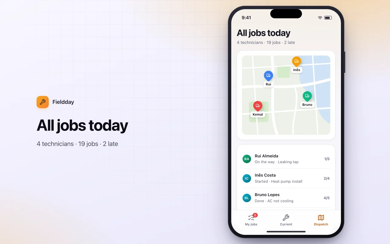 Field service scheduler: the All jobs today screen