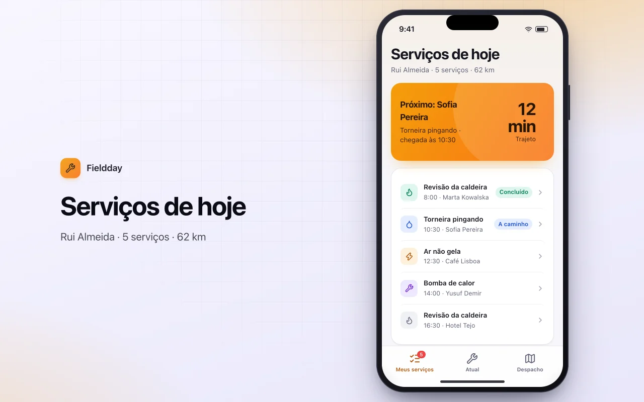 Agenda de serviços externos: a tela Serviços de hoje