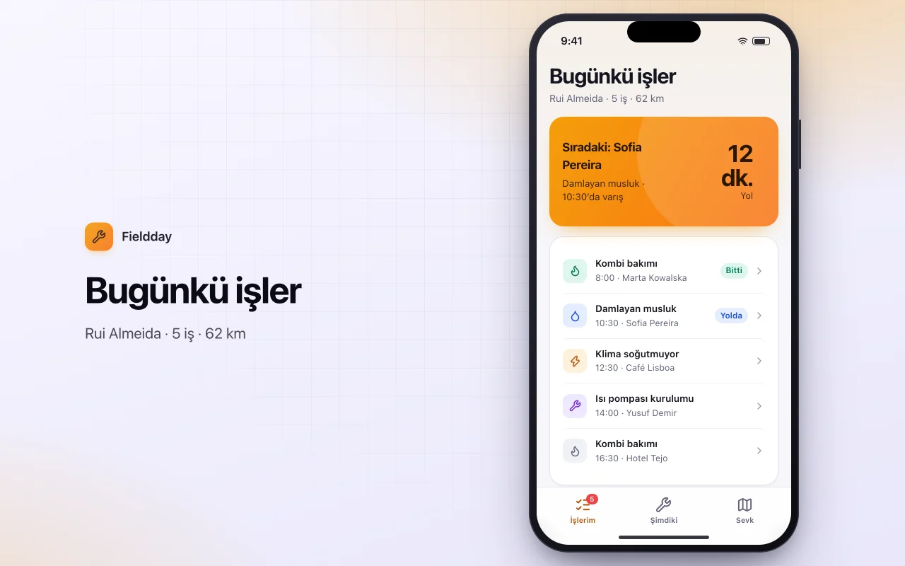 Saha servisi planlayıcı: Bugünkü işler ekranı