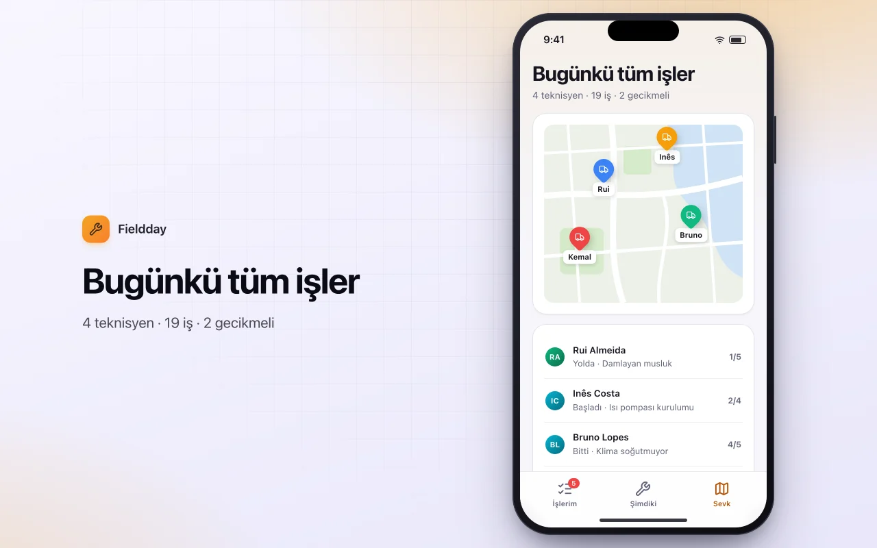 Saha servisi planlayıcı: Bugünkü tüm işler ekranı