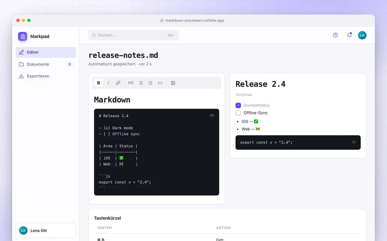 Markdown-Vorschau: der Bildschirm „release-notes.md“
