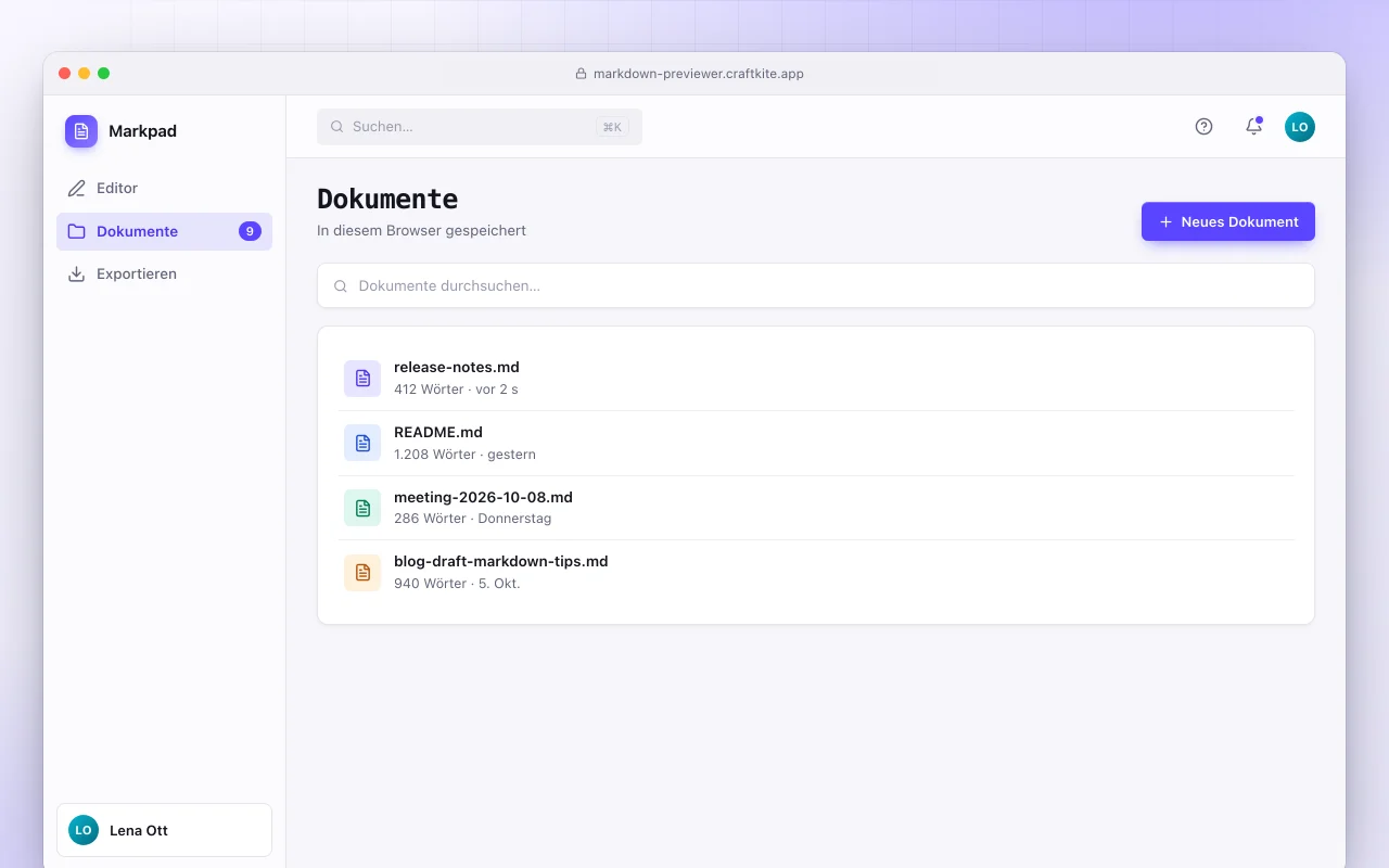 Markdown-Vorschau: der Bildschirm „Dokumente“