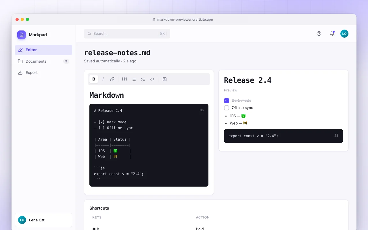 Markdown previewer: the release-notes.md screen