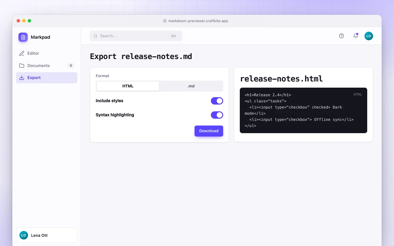 Markdown previewer: the Export release-notes.md screen
