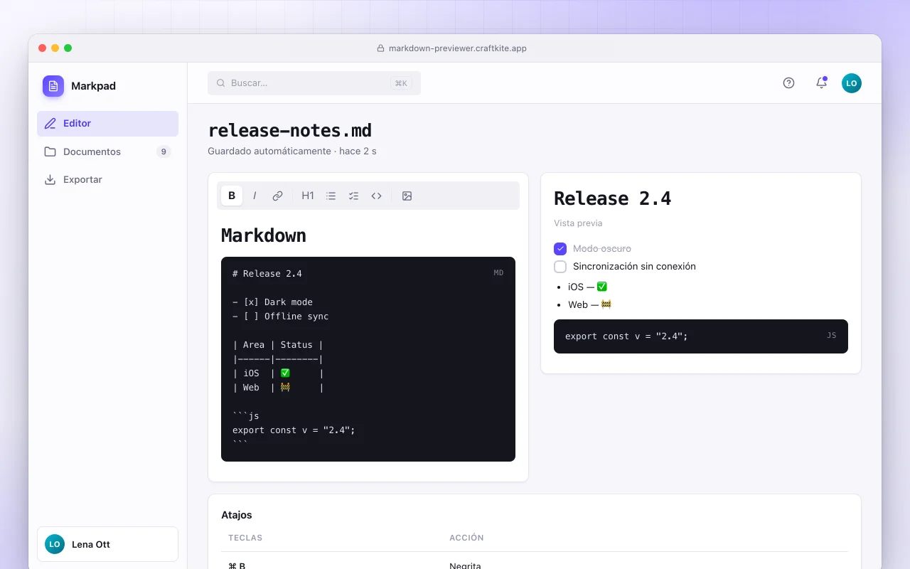 Previsualizador de Markdown: la pantalla release-notes.md