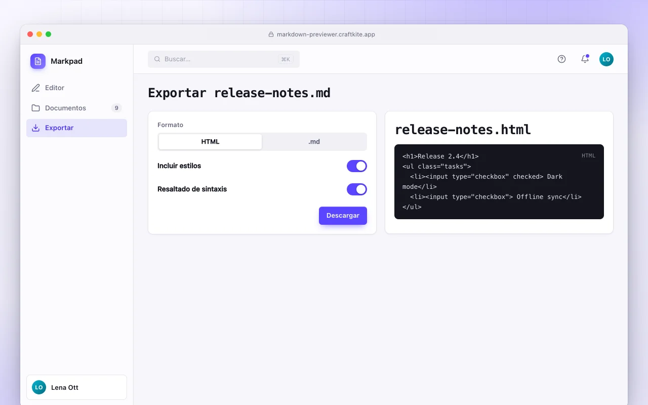 Previsualizador de Markdown: la pantalla Exportar release-notes.md