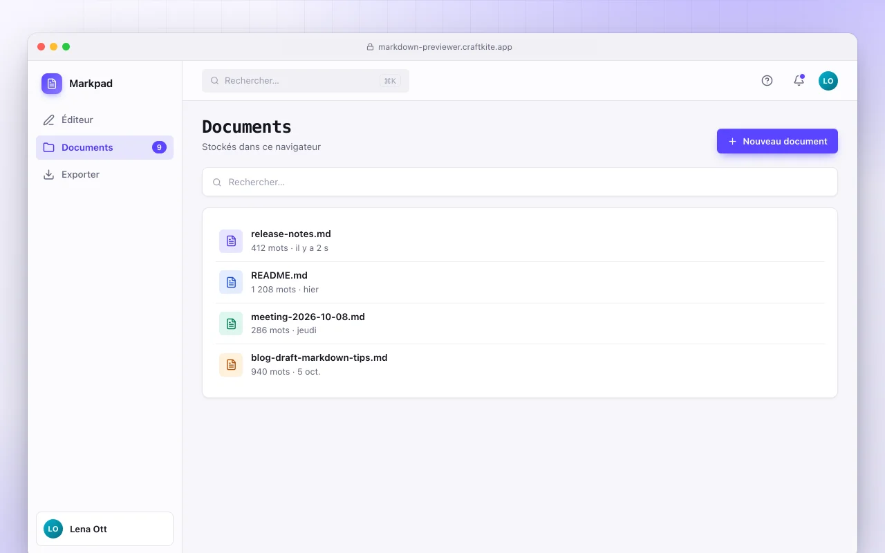 Aperçu Markdown : l’écran Documents