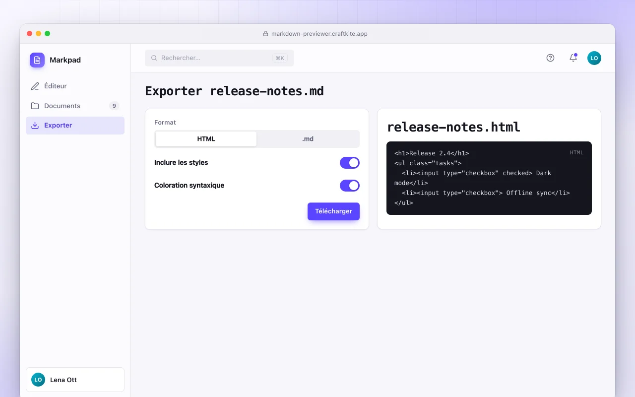 Aperçu Markdown : l’écran Exporter release-notes.md