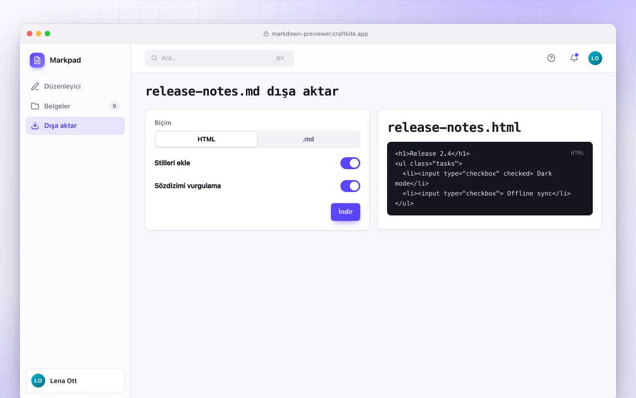 Markdown önizleyici: release-notes.md dışa aktar ekranı