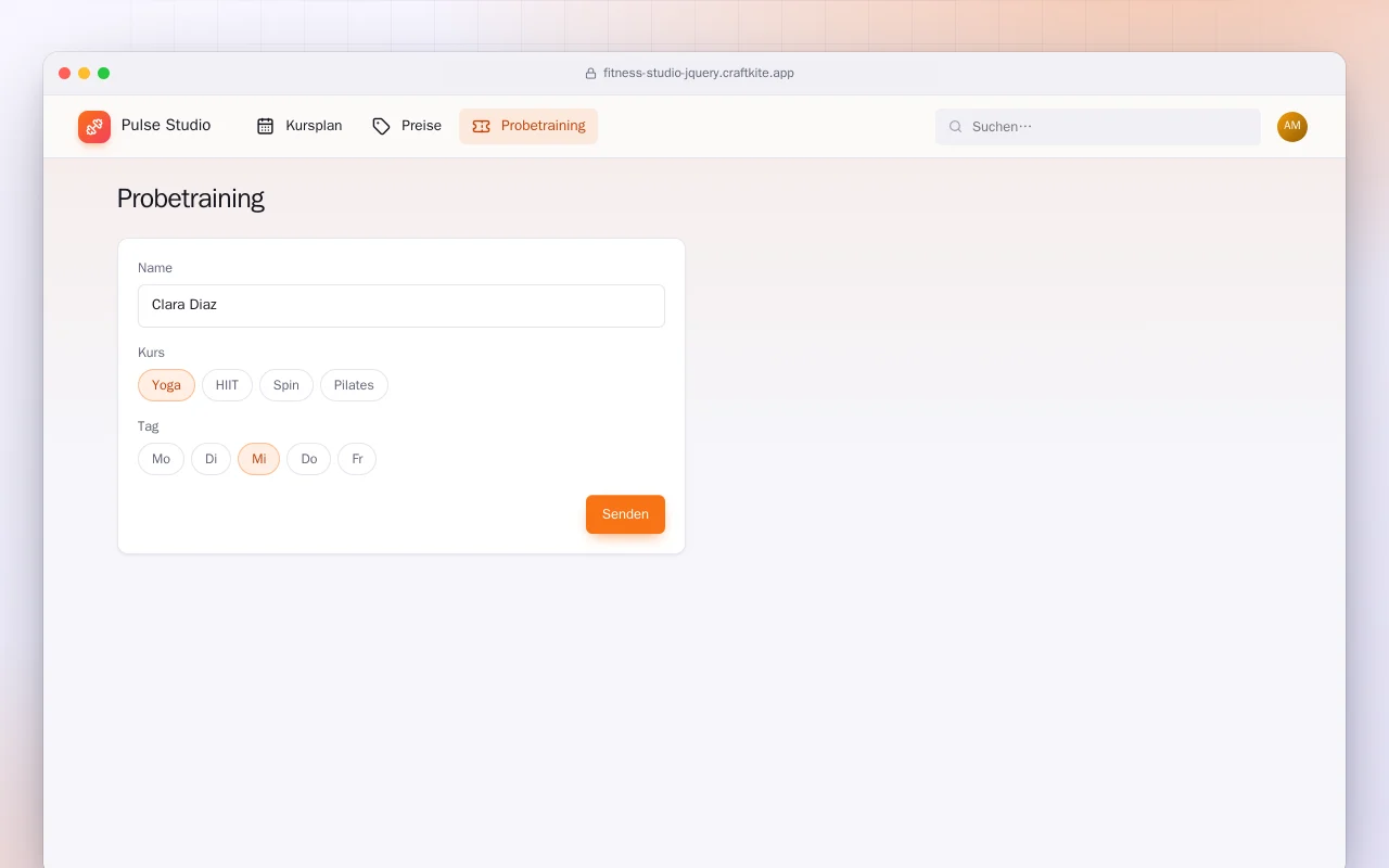 Website fürs Fitnessstudio (HTML): der Bildschirm „Probetraining“