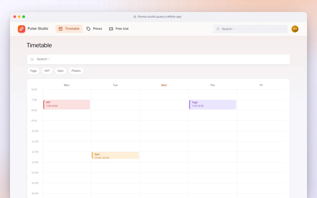 Fitness Studio Website (HTML): the Timetable screen