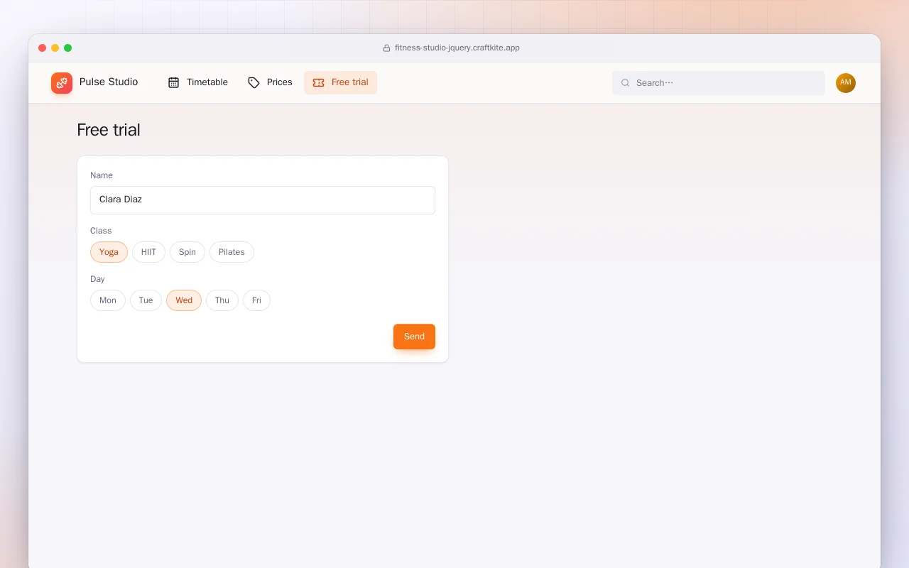 Fitness Studio Website (HTML): the Free trial screen