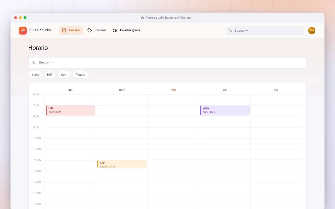Web de estudio de fitness (HTML): la pantalla Horario