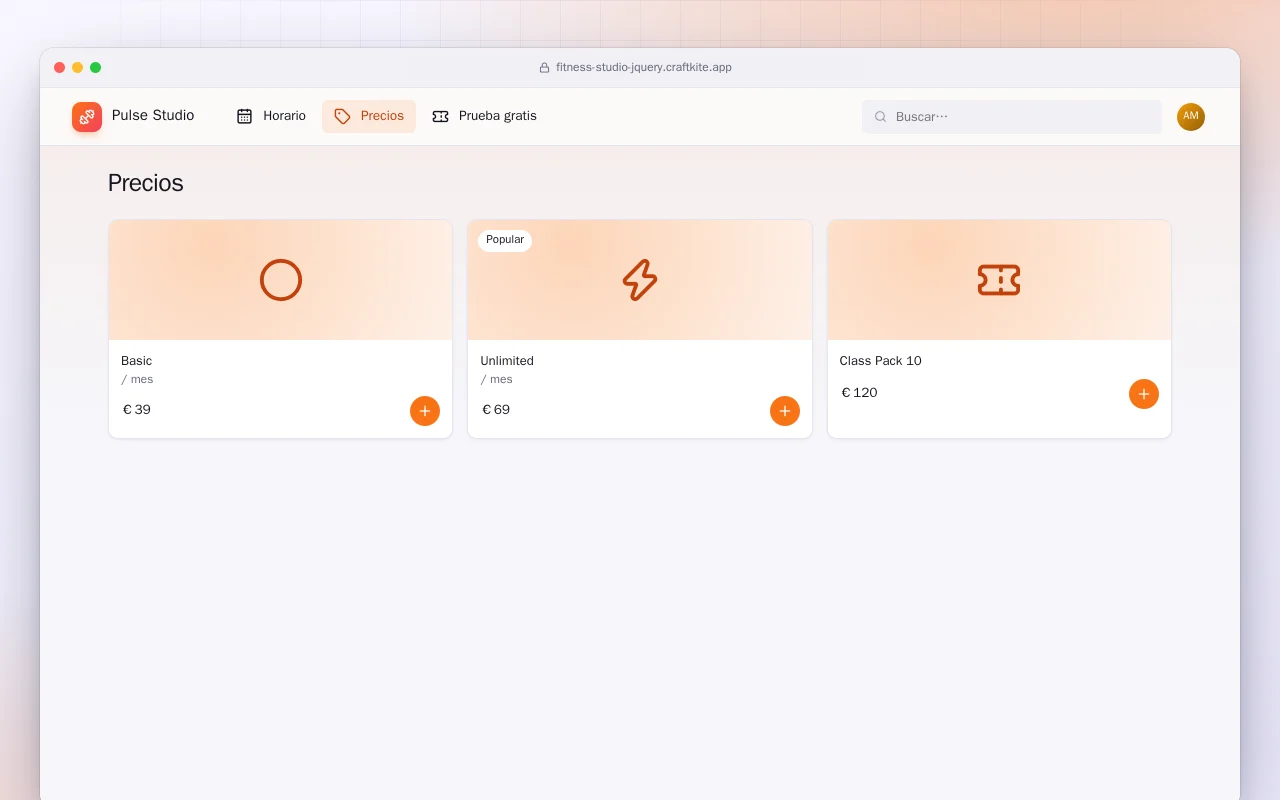 Web de estudio de fitness (HTML): la pantalla Precios