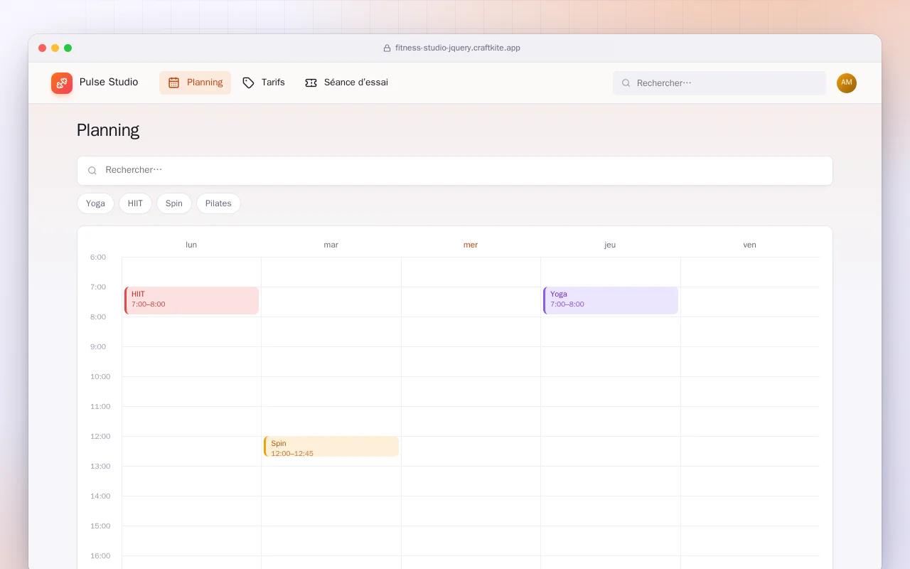 Site de studio de fitness (HTML) : l’écran Planning